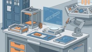 Современная иллюстрация, показывающая инструменты для создания реквизита в стиле Доктора Кто, вид сверху.