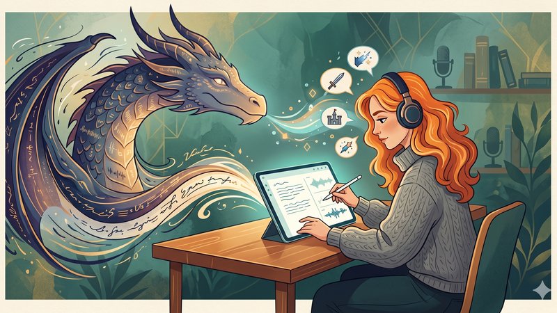 Иллюстрация процесса написания сценария для фэнтези аудиодрамы о драконах в современном стиле