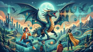 Современная иллюстрация дракона в наушниках для статьи о трендах фэнтези аудиодрам 2026 года